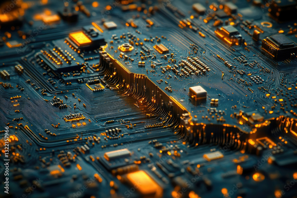 Poster Close-up of a circuit board showcasing intricate pathways and components, glowing with warm light.
