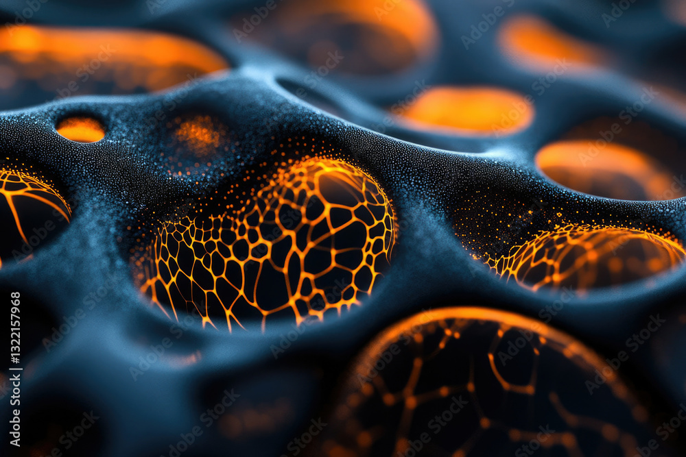 Poster Abstract 3D rendering of a dark, textured surface with glowing orange veins and cellular structures.