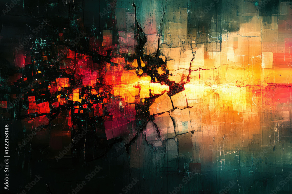 Poster Abstract art depicting a fragmented cityscape with warm and cool tones, creating a sense of chaos and energy.