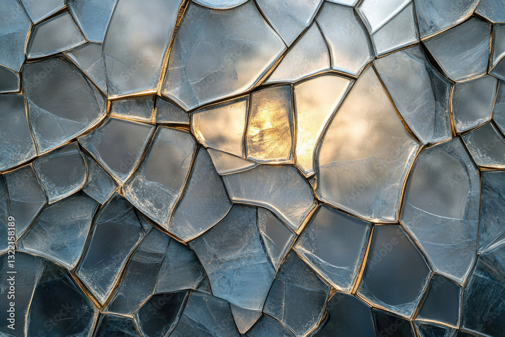 Poster abstract image of fractured glass reflecting a sunset, showcasing intricate patterns and textures.