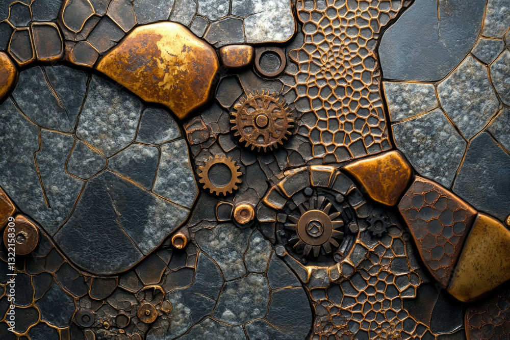 Poster steampunk-inspired mosaic artwork featuring metallic gears and textured stone-like elements.