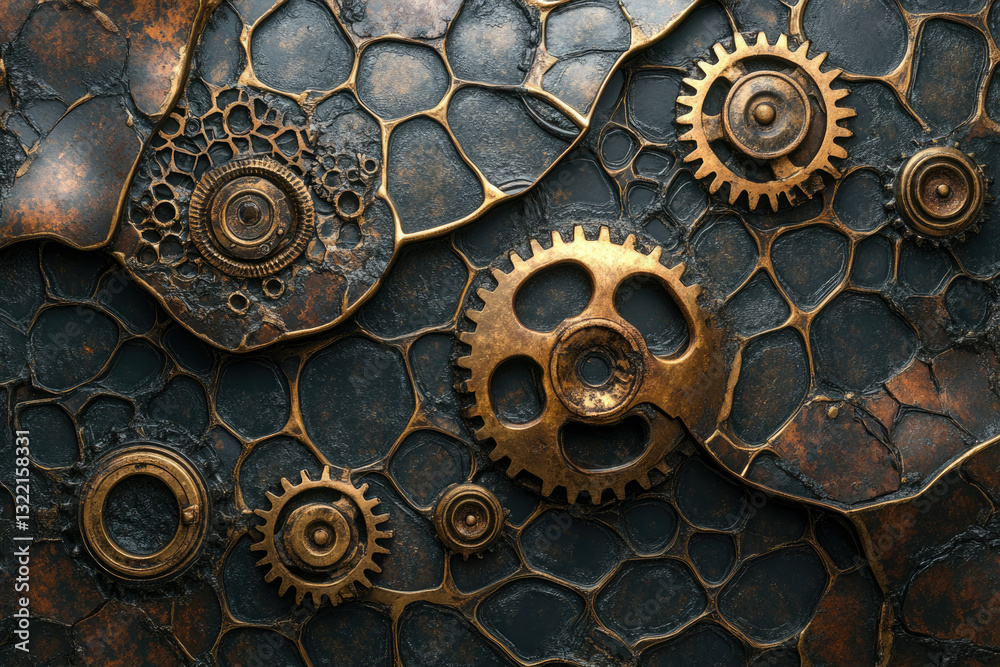 Poster steampunk-inspired artwork featuring intricate bronze gears and cogs on a dark, textured background.