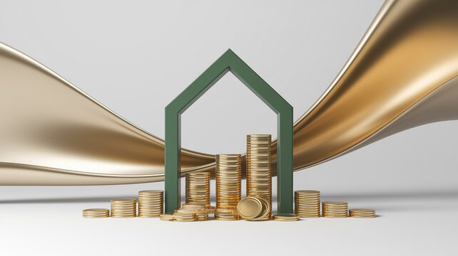 Green house-shaped frame with gold coin stacks, set against a flowing gold fabric backdrop. Illustrates financial growth, investment, or homeownership - Powered by Adobe