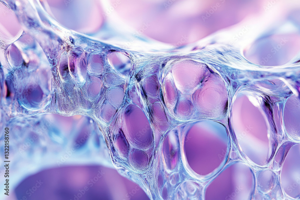 Poster Abstract image depicting a network of interconnected, translucent, bubble-like structures with a vibrant purple and blue hue.