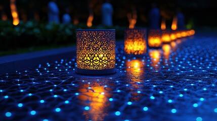 Decorative lights illuminate a dotted surface with glowing candles at dusk