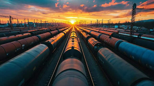 Sunset over a train yard with cargo cars lined up and vibrant colors filling the sky