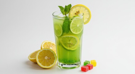 A refreshing lemon drink served in a tall glass the beverage has a citrusy green hue garnished with a slice of lemon and a sprig of mint leaves enhancing the drink's freshness on white background