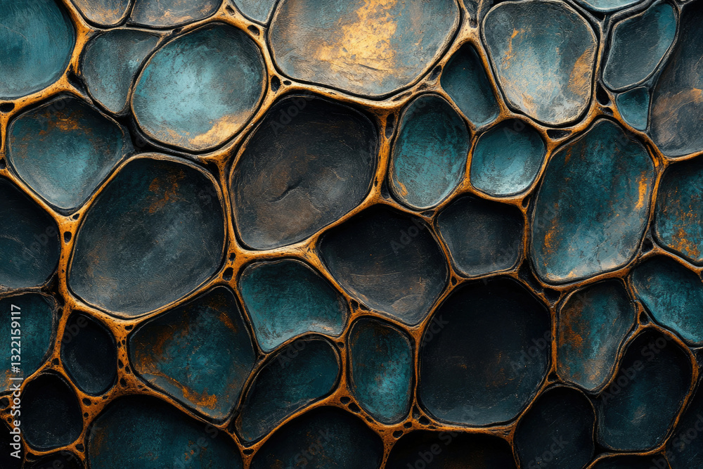 Aufkleber abstract textured artwork featuring an intricate network of interconnected teal and bronze organic s