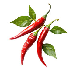 Fresh red chili peppers with green leaves isolated on white background, chili with leafisolated on white background