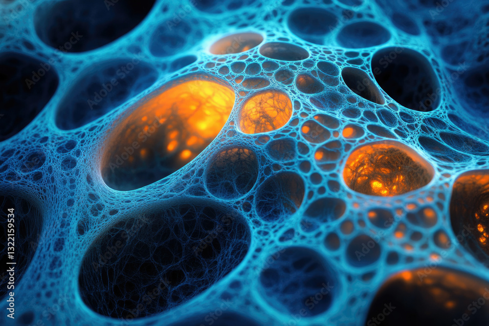 Aufkleber Abstract 3D render of a complex, interconnected network with glowing orange cavities within a vibrant blue structure.