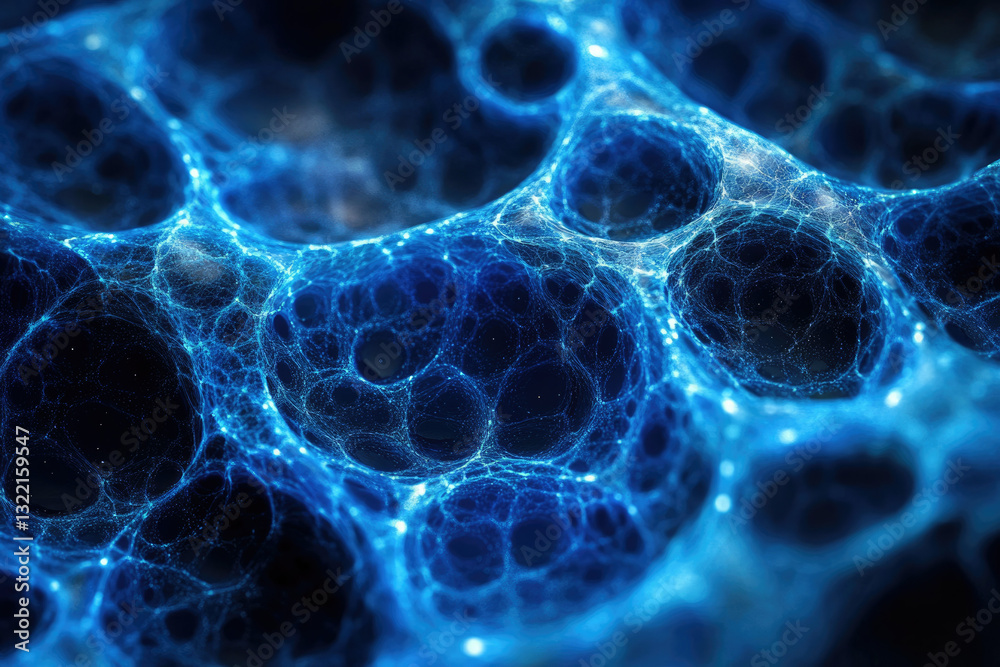 Poster abstract blue network, glowing nodes and connections, resembling a complex biological or technologic