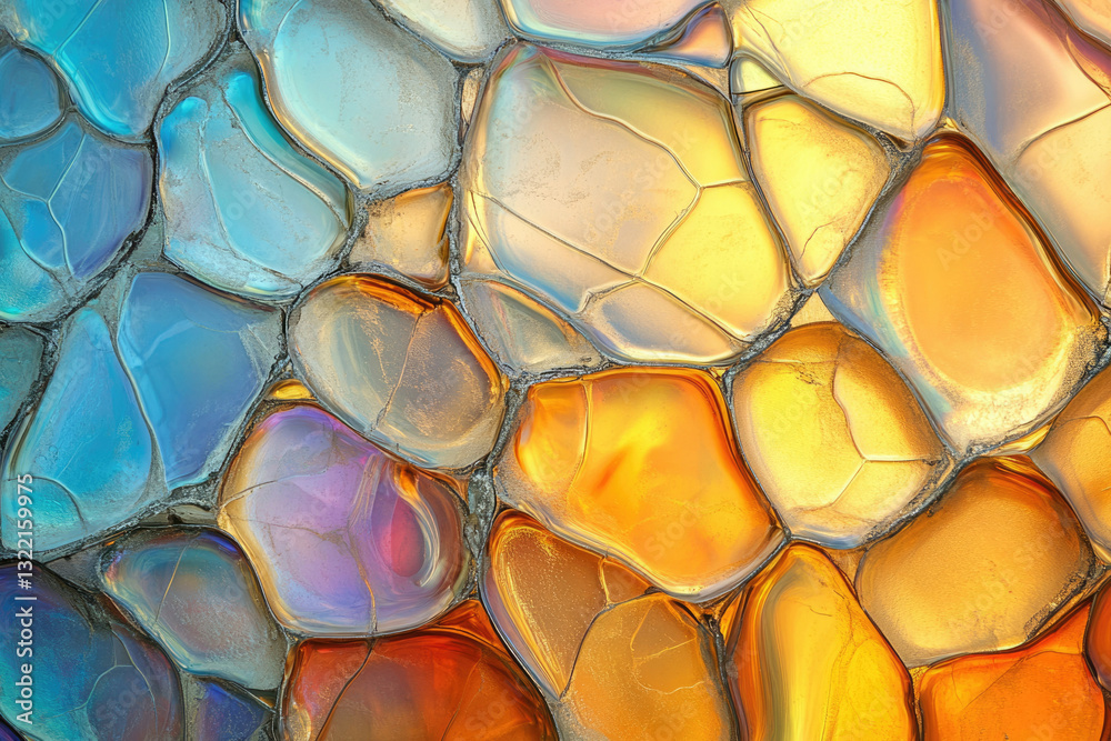 Poster Abstract image of colorful, iridescent, pebble-like shapes interlocked together, creating a mosaic-like pattern.