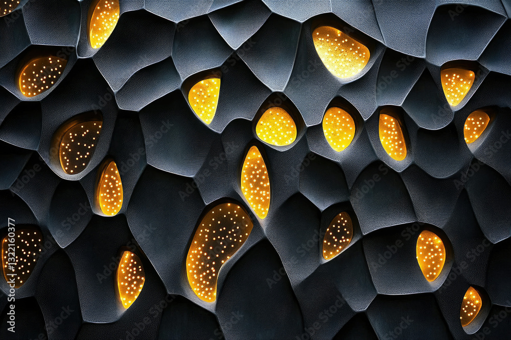 Poster Abstract dark textured surface with glowing yellow ovals, creating a unique pattern.