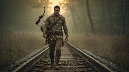 A survivalist walks along abandoned railway tracks, dressed in rugged survival gear. The early morning light filters through the trees, creating an atmospheric scene filled with adventure