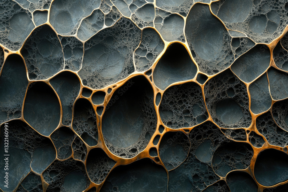 Poster abstract dark textured background with gold veins forming a complex network of interconnected organi