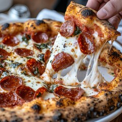 A slightly charred, cheesy pepperoni pizza with irregularly shaped toppings, melted cheese stretching between slices, and a crispy, golden crust with a few darker spots. 