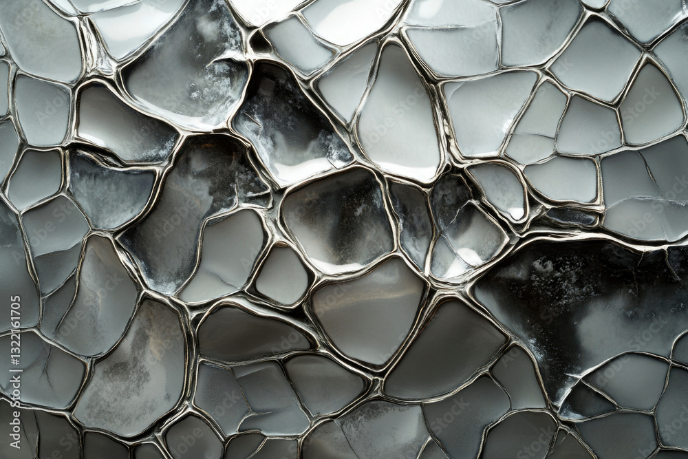 Aufkleber Abstract grayscale image showcasing a mesmerizing pattern of interconnected, irregular shapes resembling a cracked surface or cellular structure.