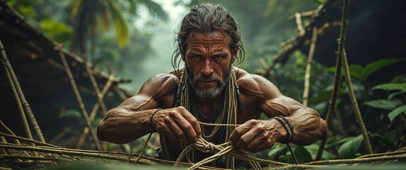 A determined survivalist skillfully weaves together natural materials to construct a shelter in a lush tropical forest at dawn. The atmosphere is dense with humidity and greenery