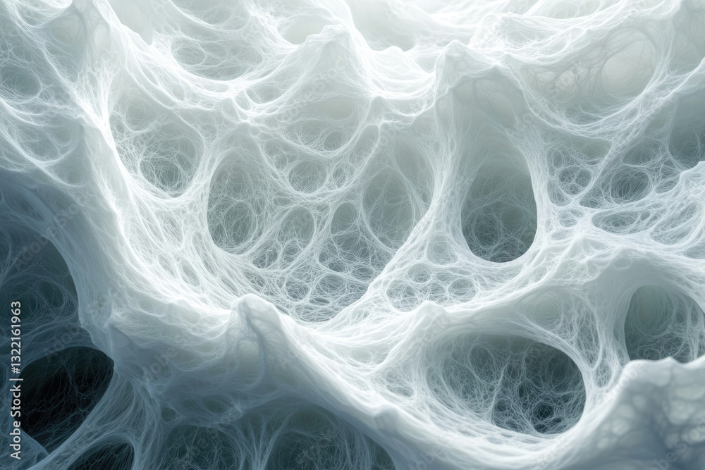 Poster Abstract 3D rendering of a complex network of interconnected threads, resembling a spiderweb or neural network.
