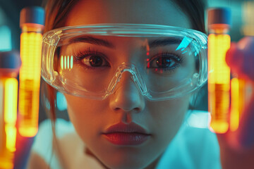 A young scientist in protective goggles examines glowing test tubes in a laboratory setting, deeply focused on her research during the evening Generative AI