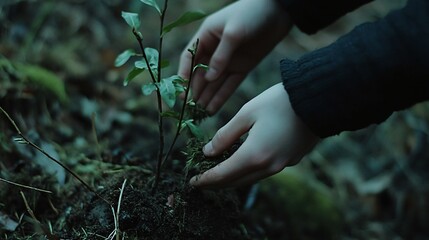 Fototapeta premium A persons hands carefully planting a young green tree in soil