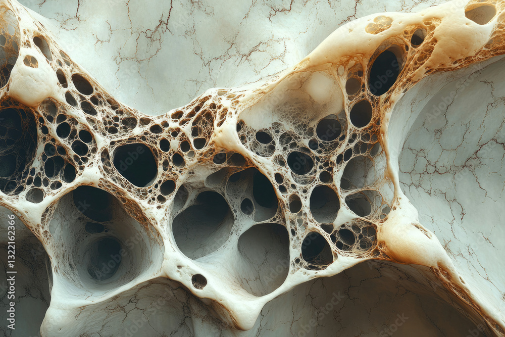 Poster intricate, porous structure resembling bone or sponge, with interconnected cavities and a complex ne