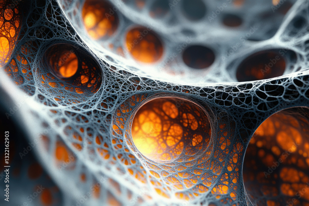 Poster intricate network of interconnected cavities glowing orange, resembling a complex biological or tech