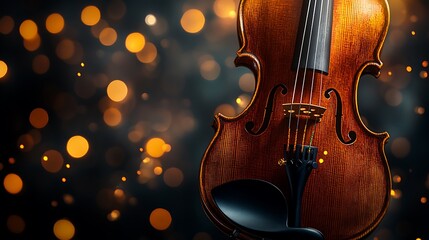 Violin resting on stand golden fittings reflecting ambient concert lights beautifully