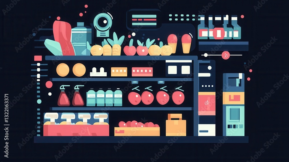 Poster stylized flat design illustration of an online grocery order summary on a digital screen featuring f
