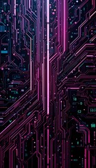Fototapeta premium Circuit Board Abstraction: A mesmerizing close-up of a futuristic circuit board, alive with vibrant neon pathways and intricate electronic networks, represents the core of technology. 