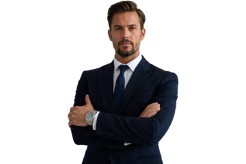 Confident Young Businessman in a Formal Navy Suit with Folded Arms, isolated on transparent background