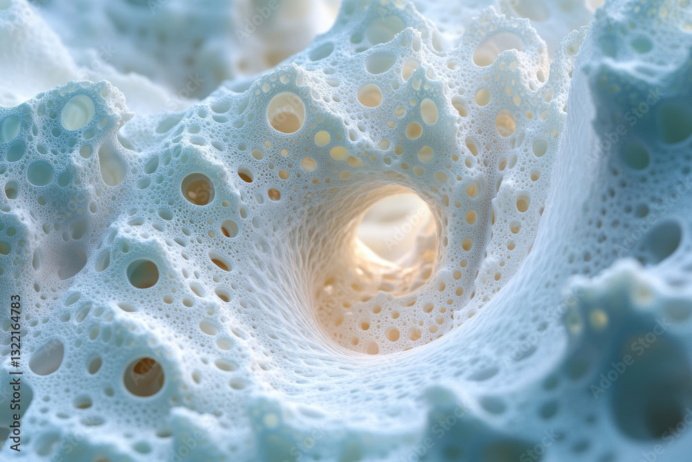 Poster abstract 3d render of a porous, cavernous structure with a swirling tunnel, evoking a sense of depth