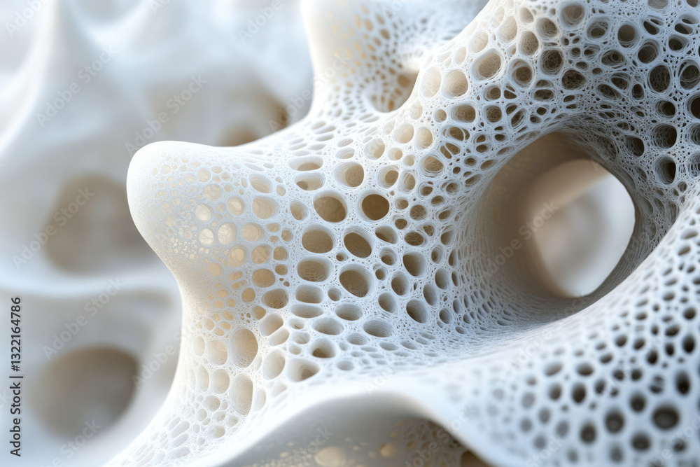 Poster abstract 3d render of a porous, organic-like structure with interconnected cavities and a flowing, w