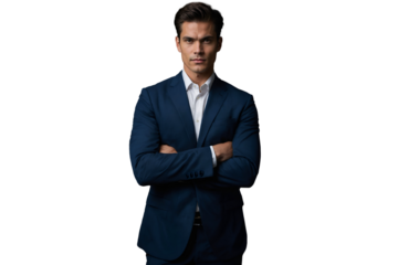 Confident Young Businessman in a Formal Navy Suit with Folded Arms, isolated on transparent background