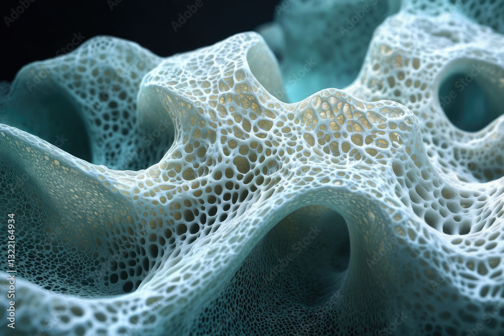 Poster abstract image of a porous, textured, organic-like structure resembling bone or coral.