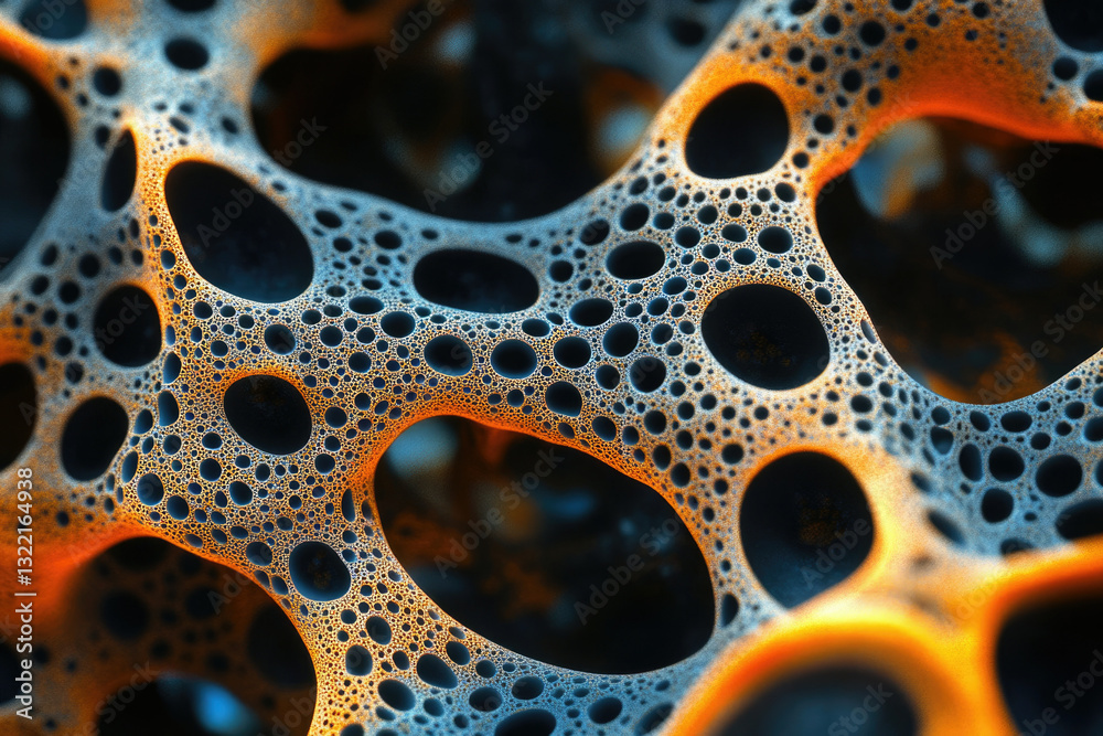 Poster Intricate 3D fractal rendering with orange and blue hues, resembling a complex porous structure.