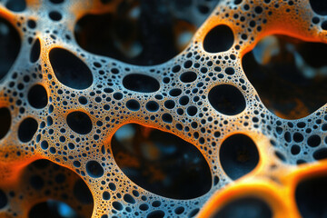 Intricate 3D fractal rendering with orange and blue hues, resembling a complex porous structure.