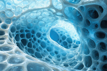Abstract image depicting a porous, cavernous structure with a blue, translucent, organic texture.