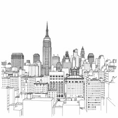 Fototapeta premium A Skyline Symphony: Architectural line art showcases an urban skyline, with iconic skyscrapers and diverse buildings, creating a symphony of concrete and glass against the open sky.