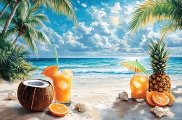 Obraz premium Refreshing Tropical Beach Scene with Exotic Drinks, Fresh Fruits, Palm Trees, and Scenic Ocean View Under a Blue Sky with Fluffy Clouds
