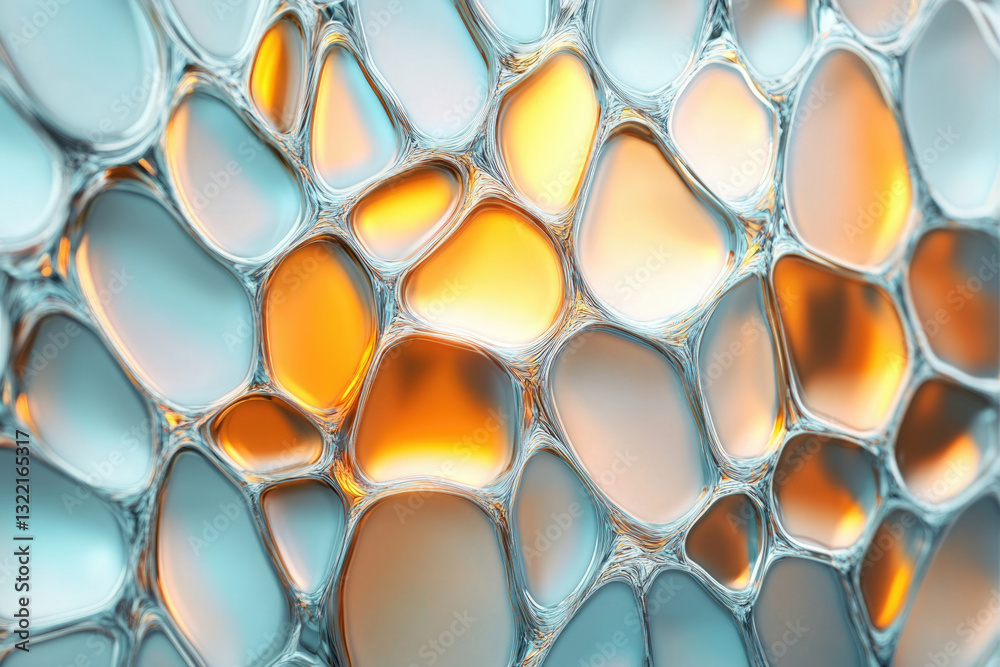 Poster Abstract image of interconnected, organic shapes in teal and gold, resembling a cellular structure or network.
