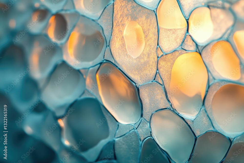 Poster Abstract close-up of a textured surface with interconnected cells, illuminated with warm light.