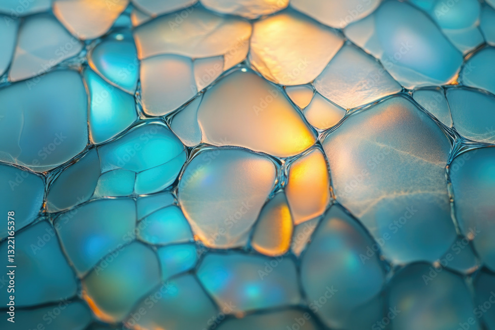 Aufkleber Abstract image of interconnected, iridescent bubbles in teal and orange hues, creating a mesmerizing pattern.