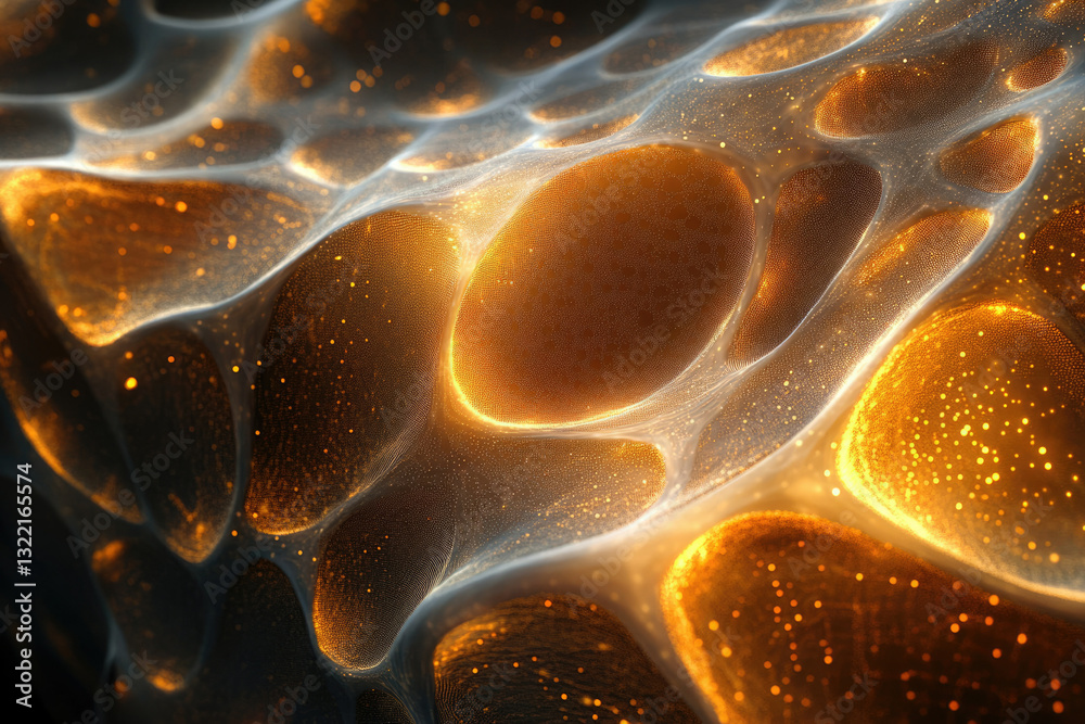 Poster abstract golden network, glowing particles forming a dynamic, undulating surface.