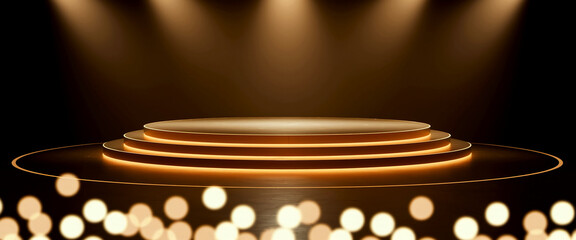 Fototapeta premium Illuminated golden podium with three circular tiers, set against a dark background with bokeh lights, showcasing a blank space ideal for product display or advertisement