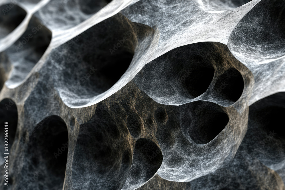 Poster abstract 3d render of a porous, dark grey, textured surface with irregular cavities and hollows.