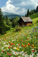 Fototapeta premium A wooden hut nestled among green hills and mountains, surrounded by lush evergreen trees