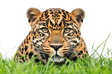 Fototapeta premium Majestic Leopard Staring Intently from Vibrant Green Grass