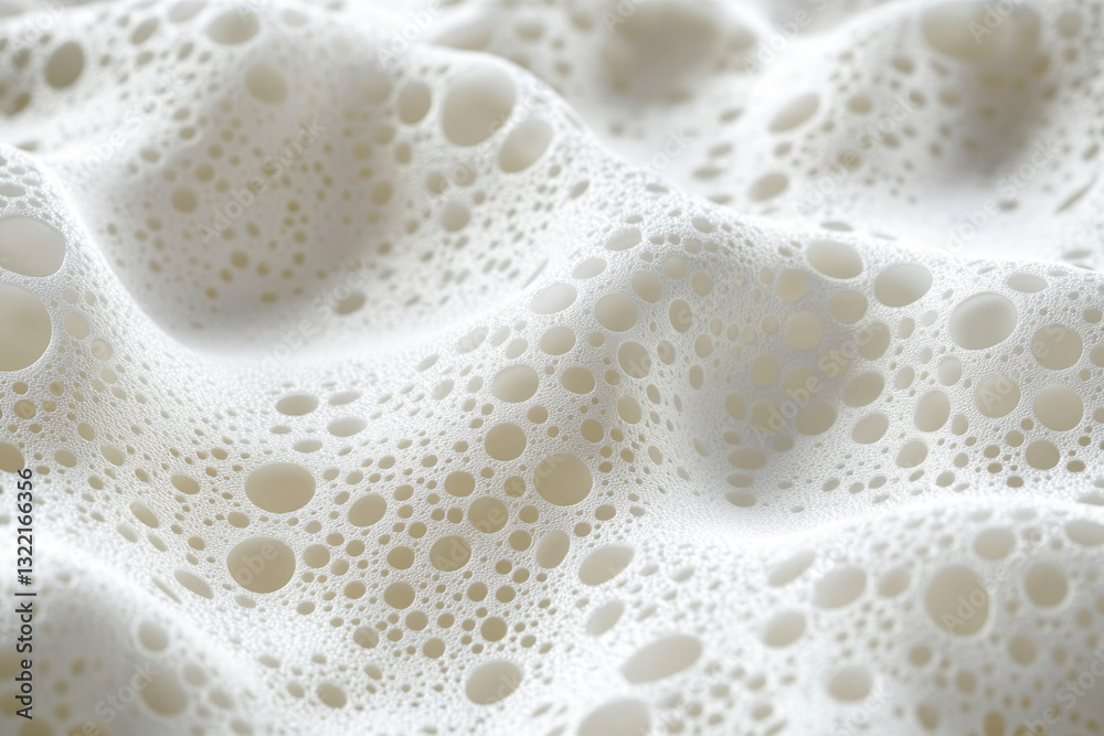 Poster white fabric with a textured surface featuring numerous circular cutouts, creating a wavy, porous pa