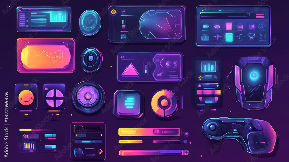 Poster game frame. streaming interface elements, button icon frame futuristic layout asset, hud live broadc